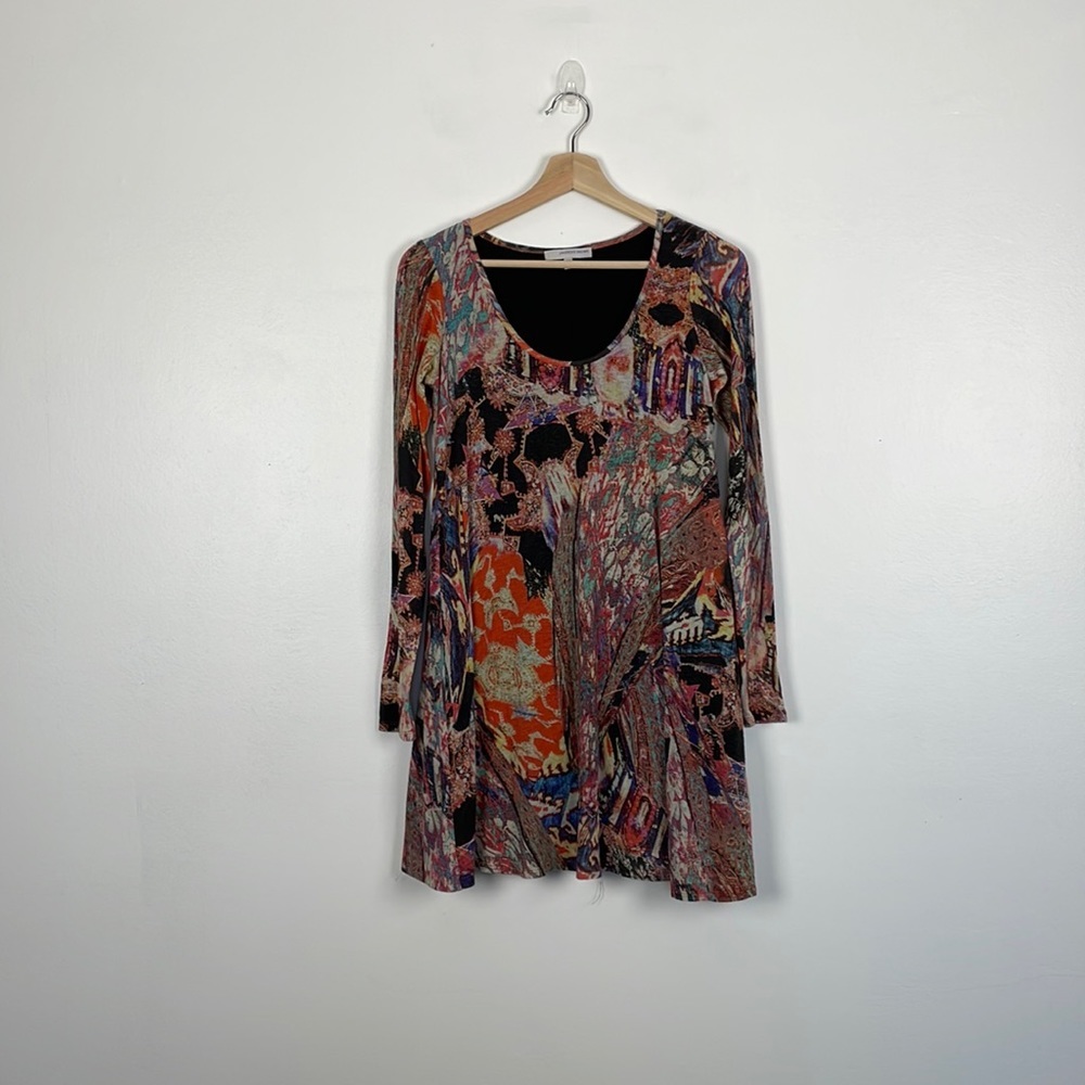 Lavender Brown long sleeve scooped neck multicolor print pullover dress Size XS